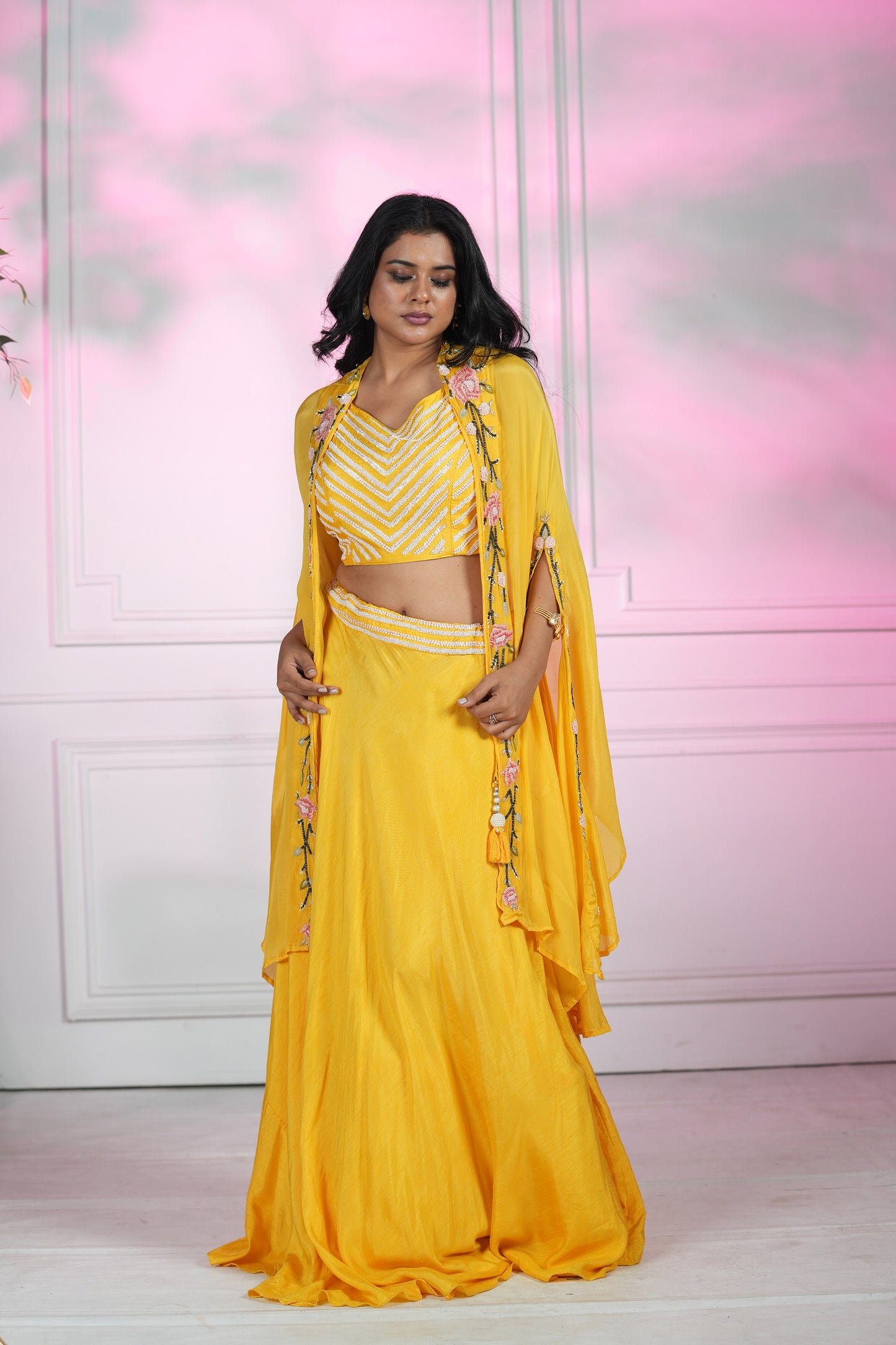 Yellow Dola Silk Cape set