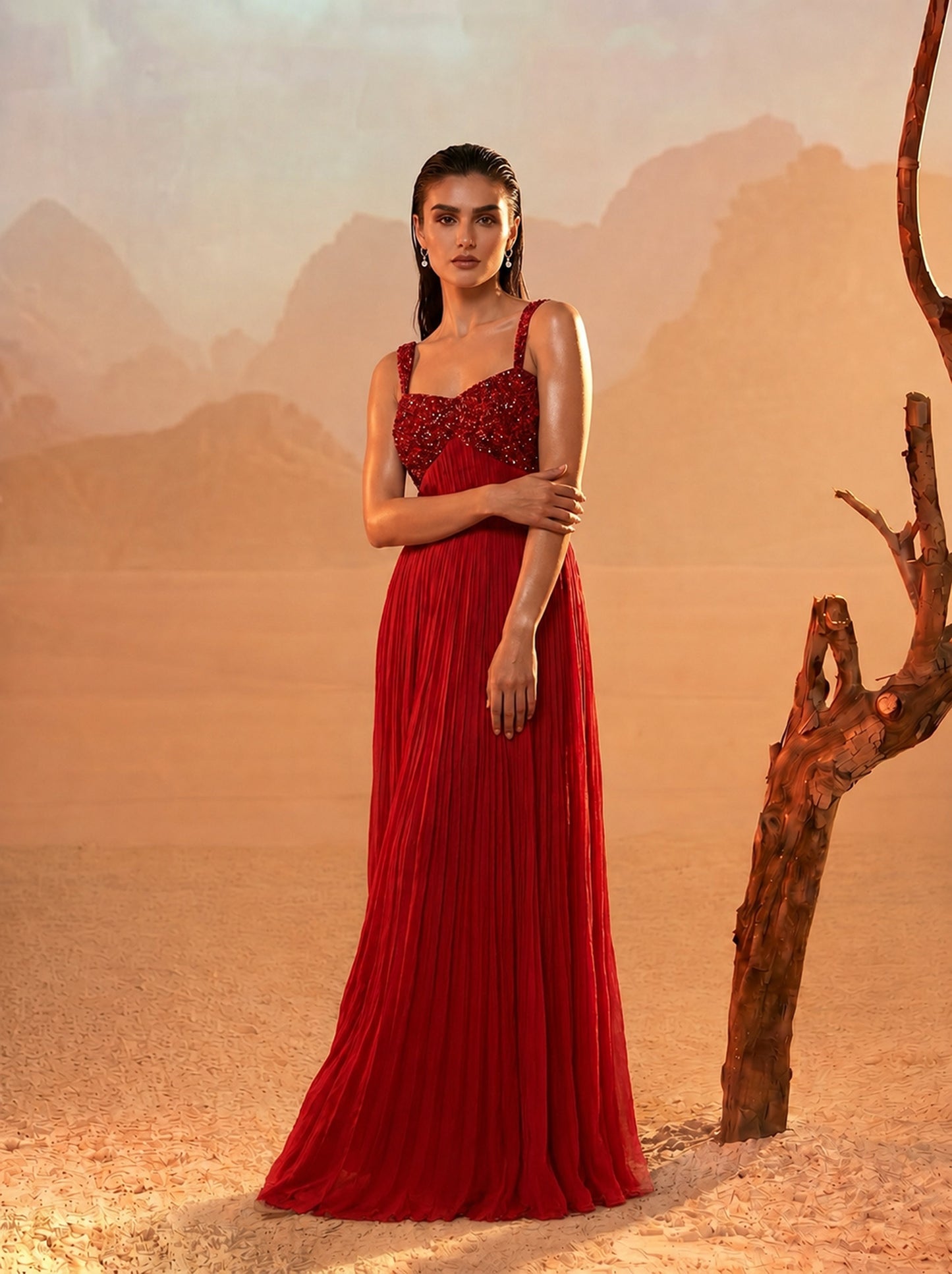 Red Pleated Pure Chinnon Party Wear Gown