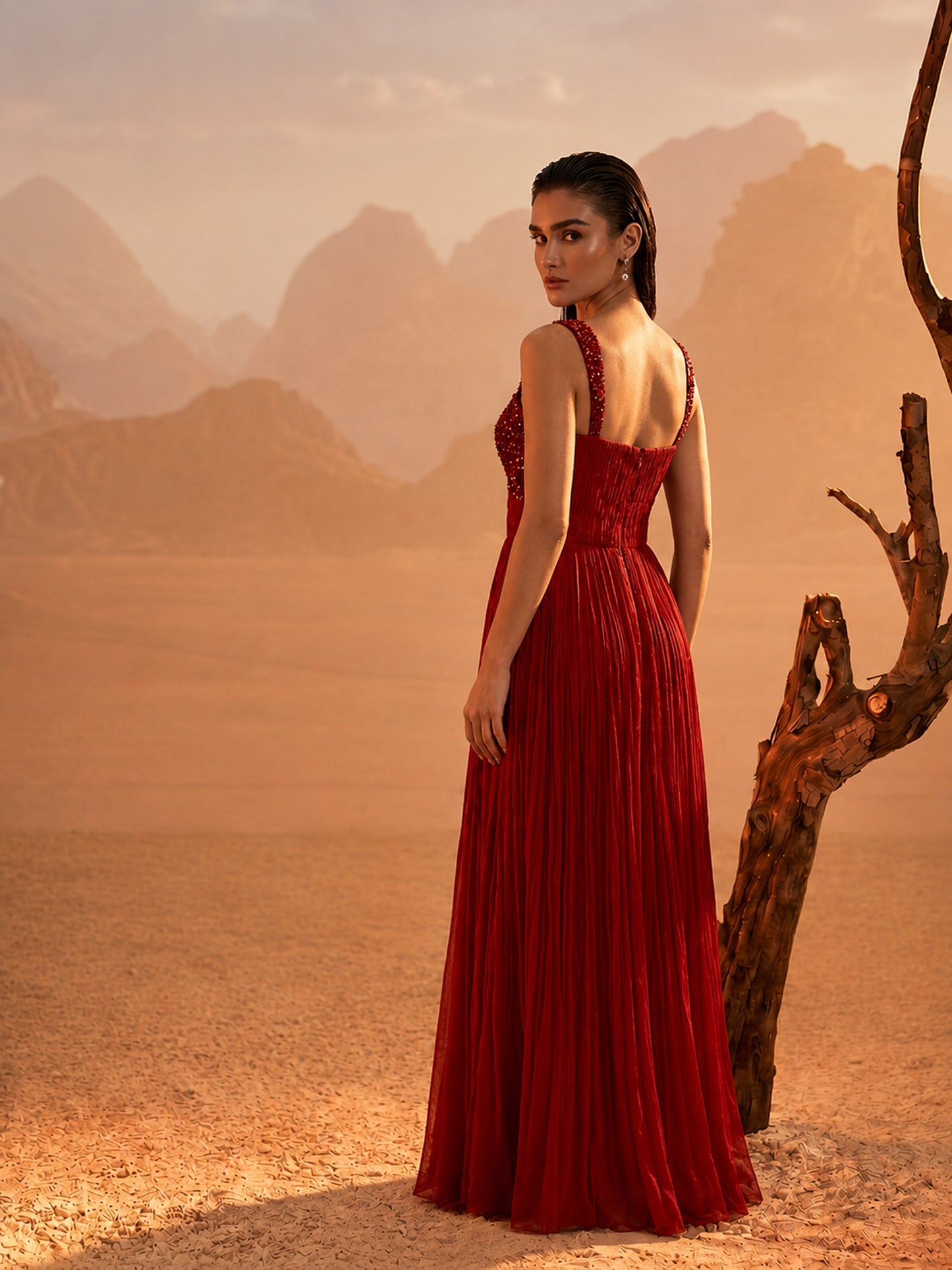 Red Pleated Pure Chinnon Party Wear Gown