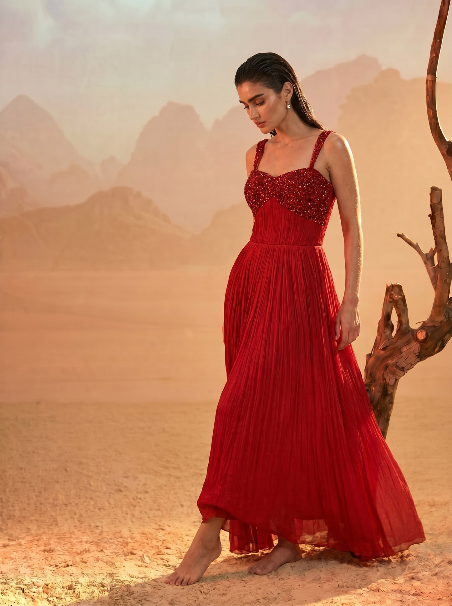 Red Pleated Pure Chinnon Party Wear Gown