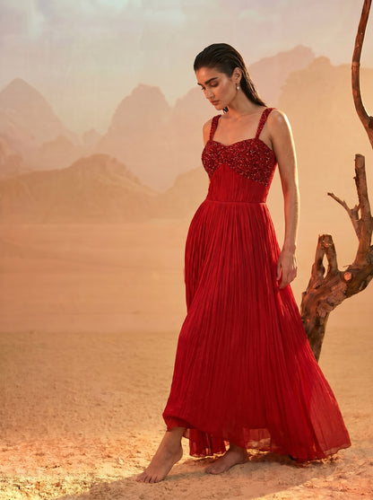 Red Pleated Pure Chinnon Party Wear Gown