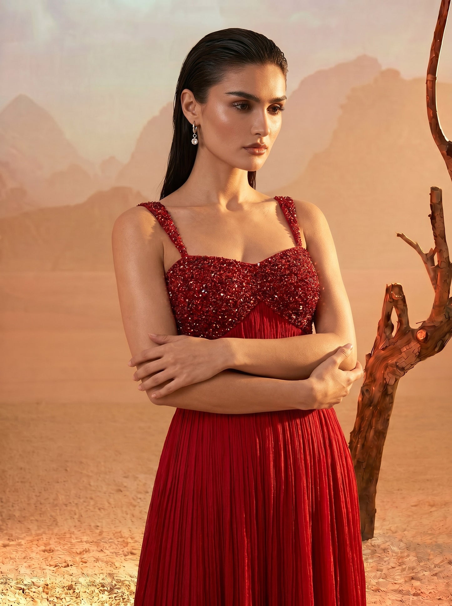Red Pleated Pure Chinnon Party Wear Gown