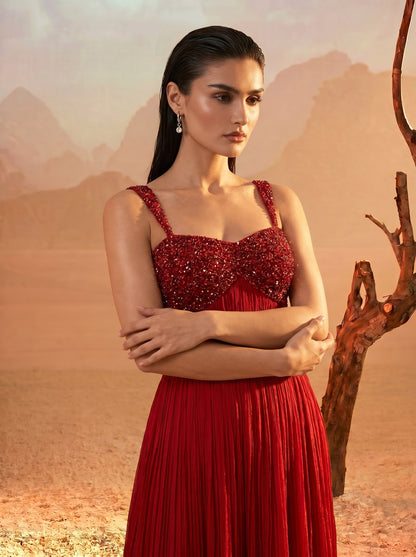 Red Pleated Pure Chinnon Party Wear Gown