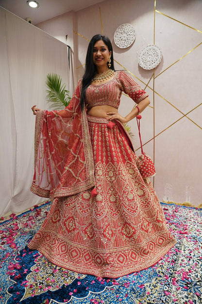 Red Color Zardozi Design Embroidery Raw Silk Bridal Lehenga