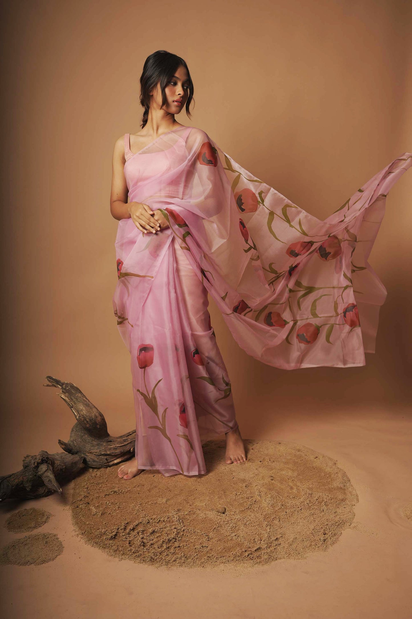 Rose Blush | Lavender Floral Hand Painted Organza Saree