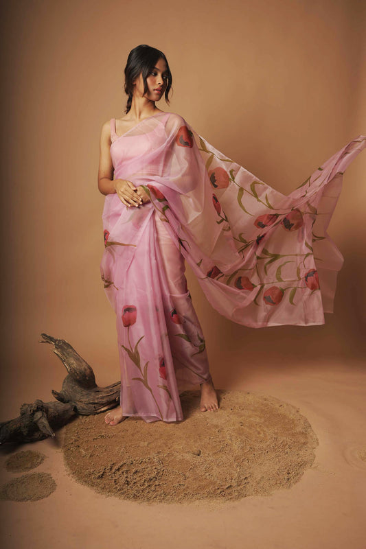 Rose Blush | Lavender Floral Hand Painted Organza Saree