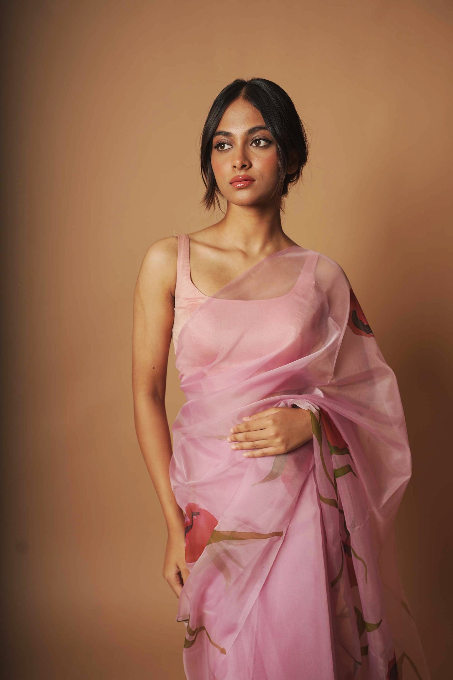 Rose Blush | Lavender Floral Hand Painted Organza Saree