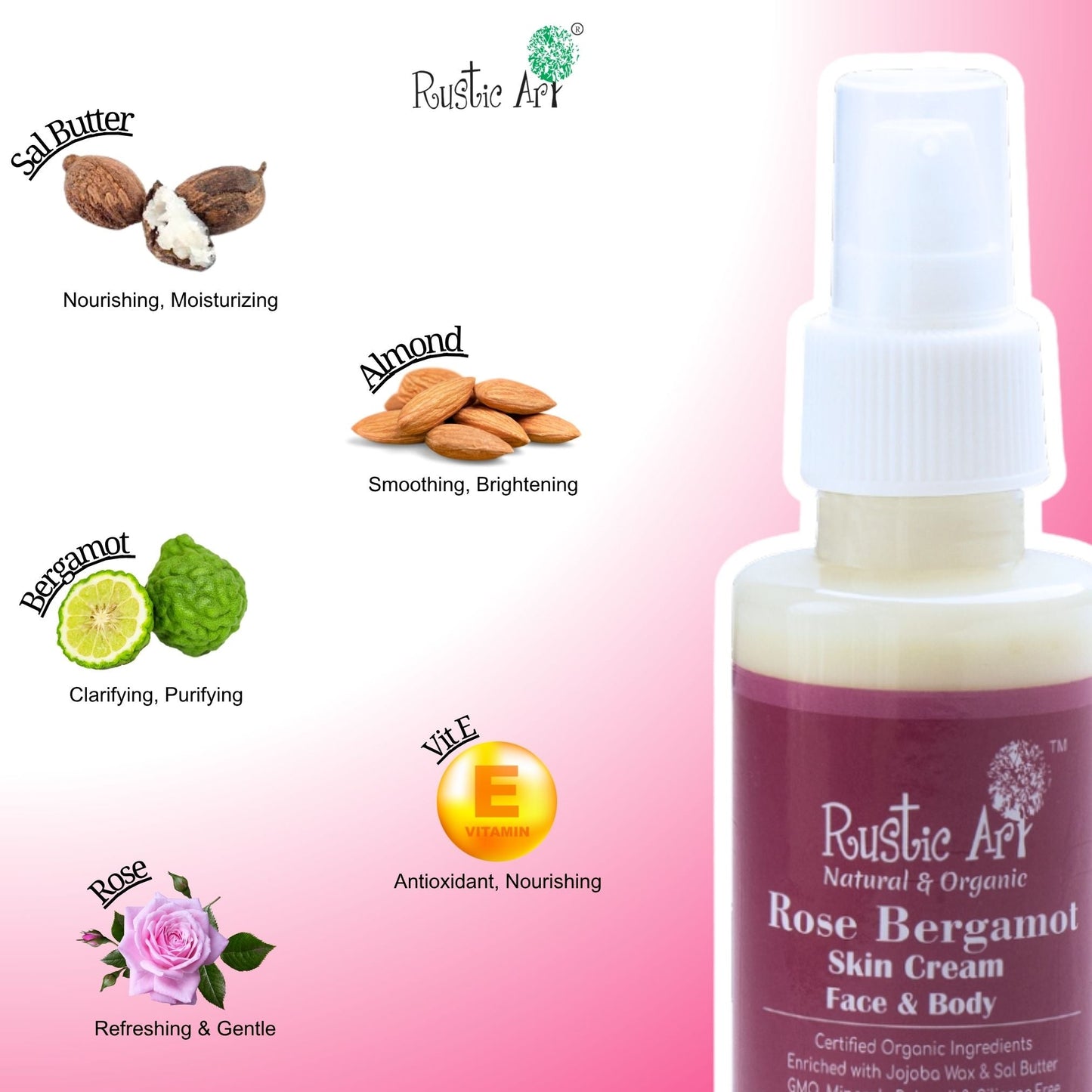 Rose Bergamot Skin Cream - Face & Body (50ml), Rustic Art