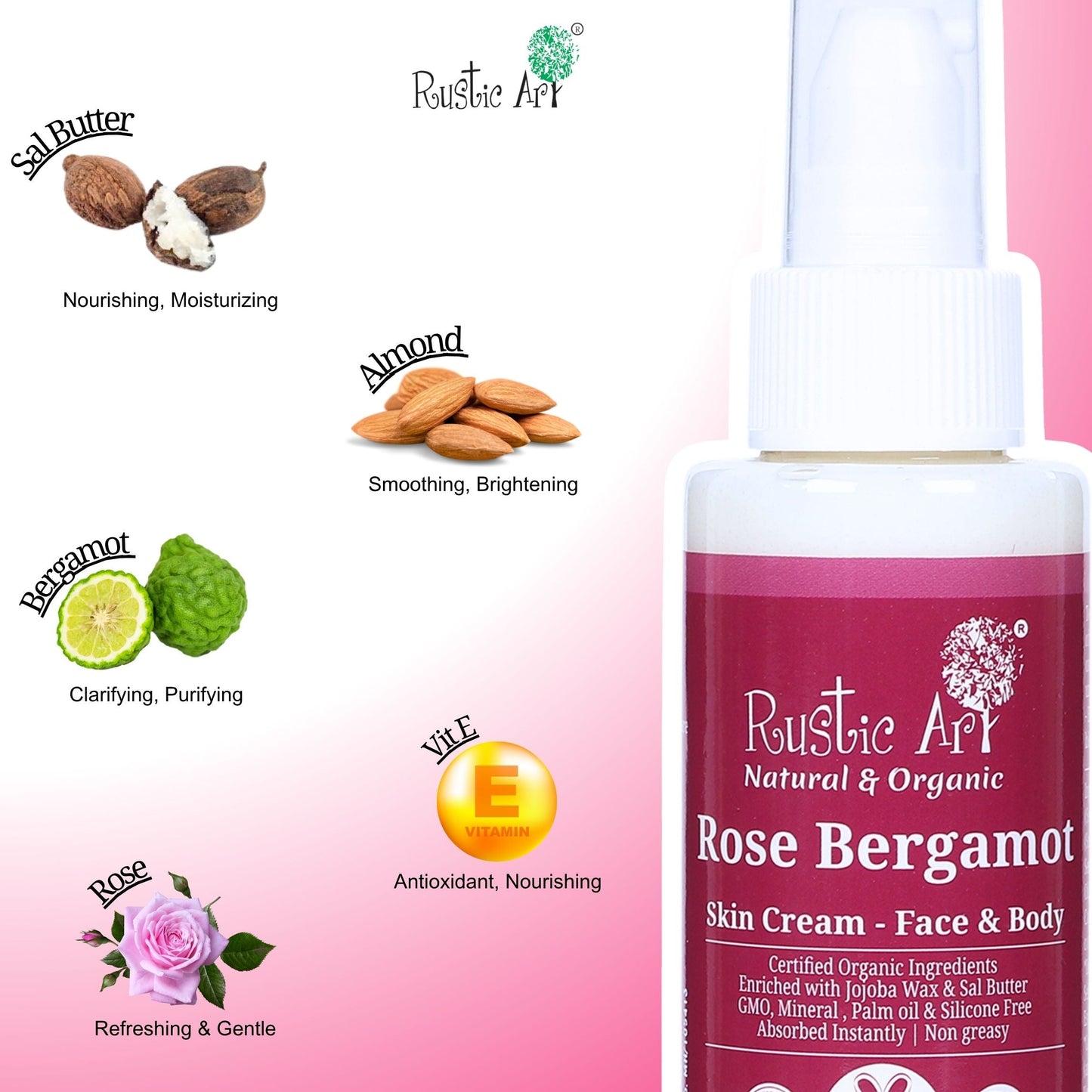 Rose Bergamot Skin Cream - Face & Body Moisturizer (100ml), Rustic Art