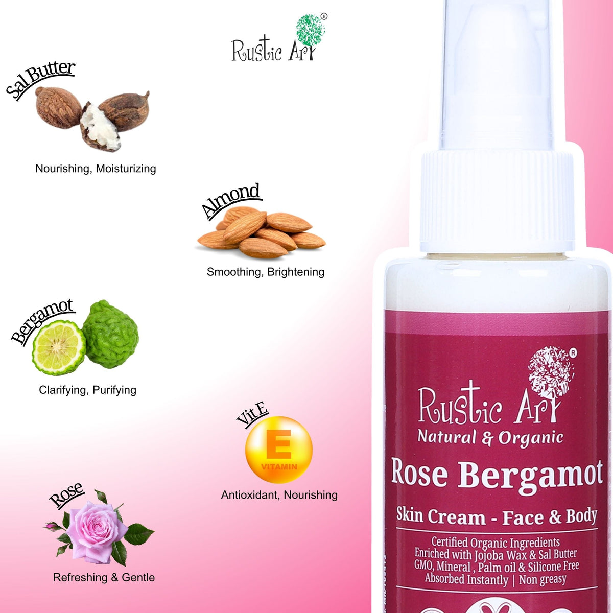 Rose Bergamot Skin Cream - Face & Body Moisturizer (100ml), Rustic Art
