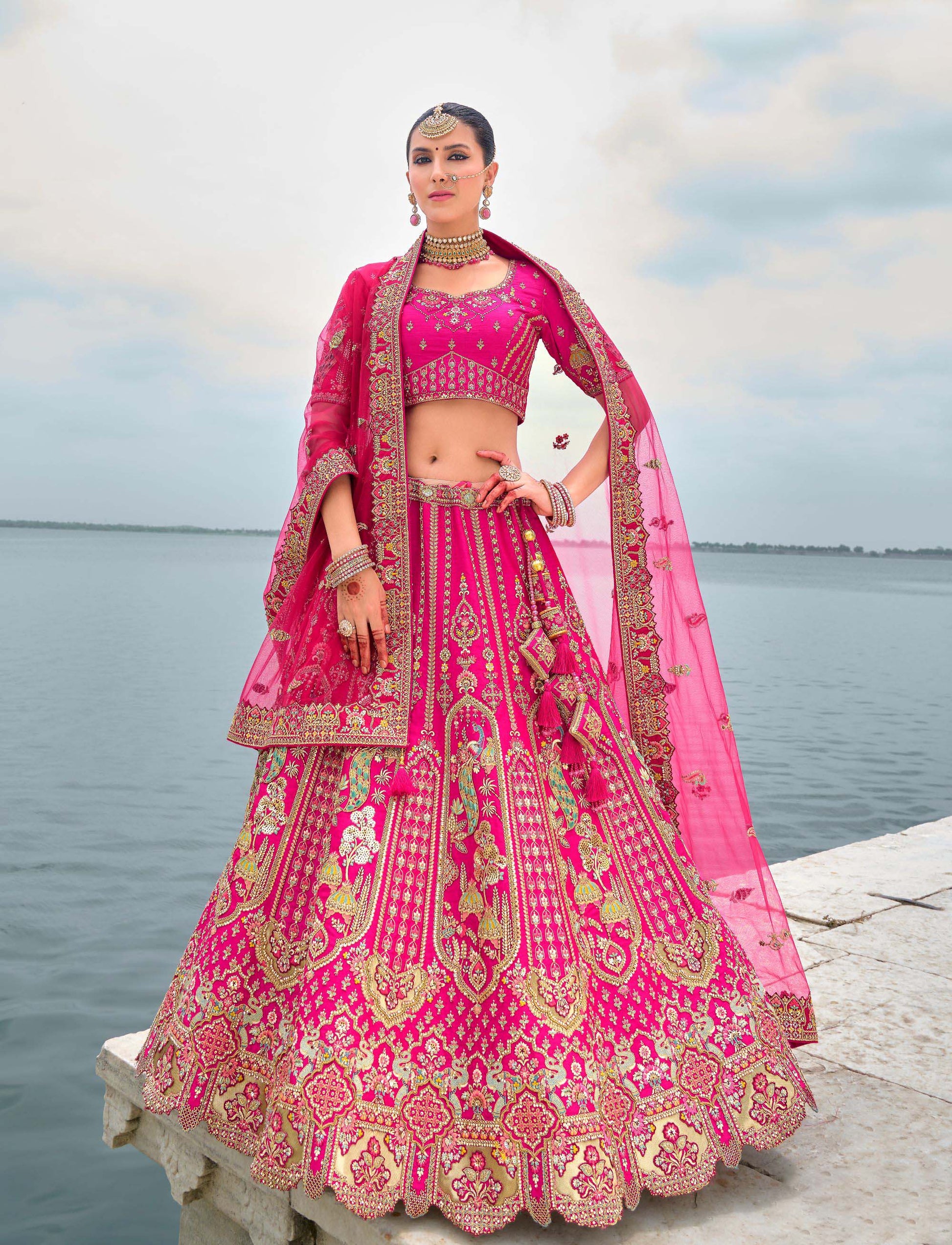 Royal Pink Heavy Zari and Sequins Embroidery Silk Bridal Lehenga  