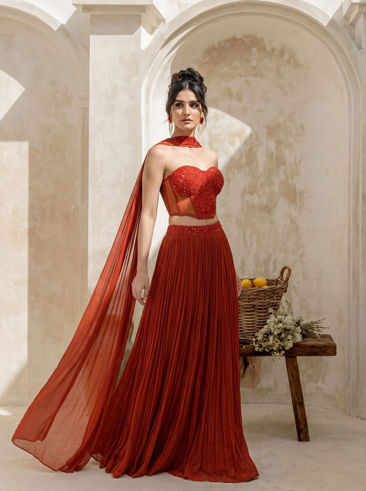 Rust Orange Corset Pure Chinnon Cutdana & Sequence Hand Work Party Wear  pleated Skirt & Dupatta