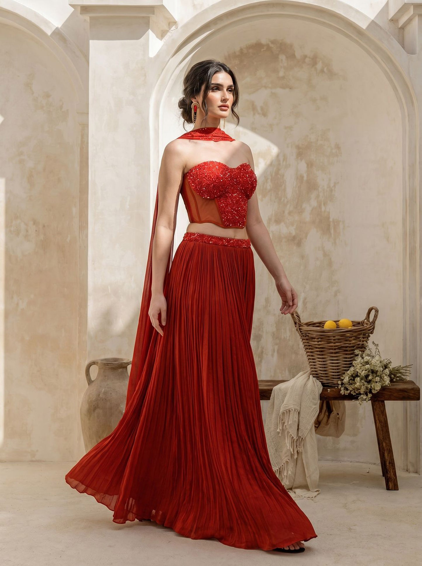 Rust Orange Corset Pure Chinnon Cutdana & Sequence Hand Work Party Wear  pleated Skirt & Dupatta