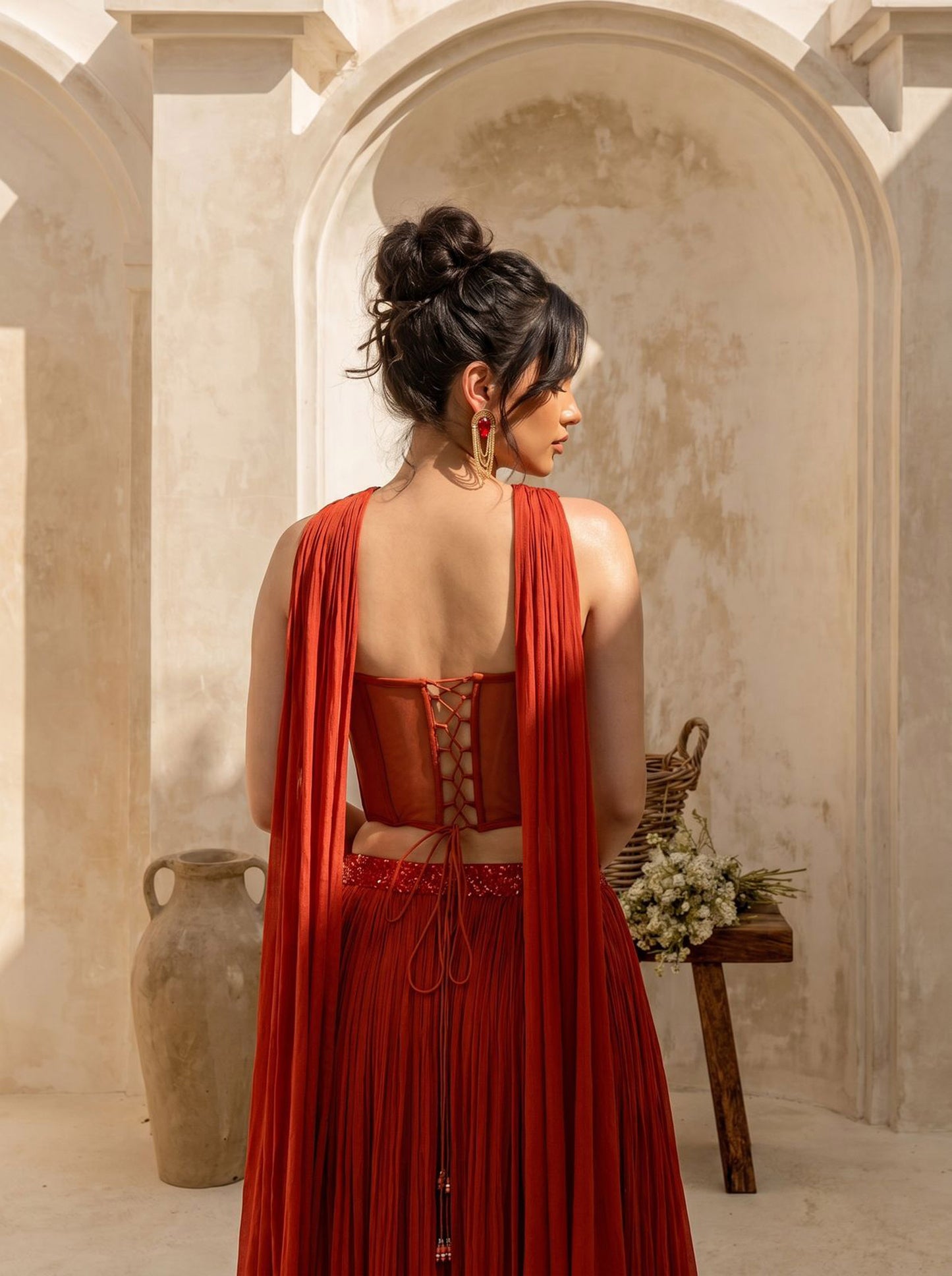 Rust Orange Corset Pure Chinnon Cutdana & Sequence Hand Work Party Wear  pleated Skirt & Dupatta