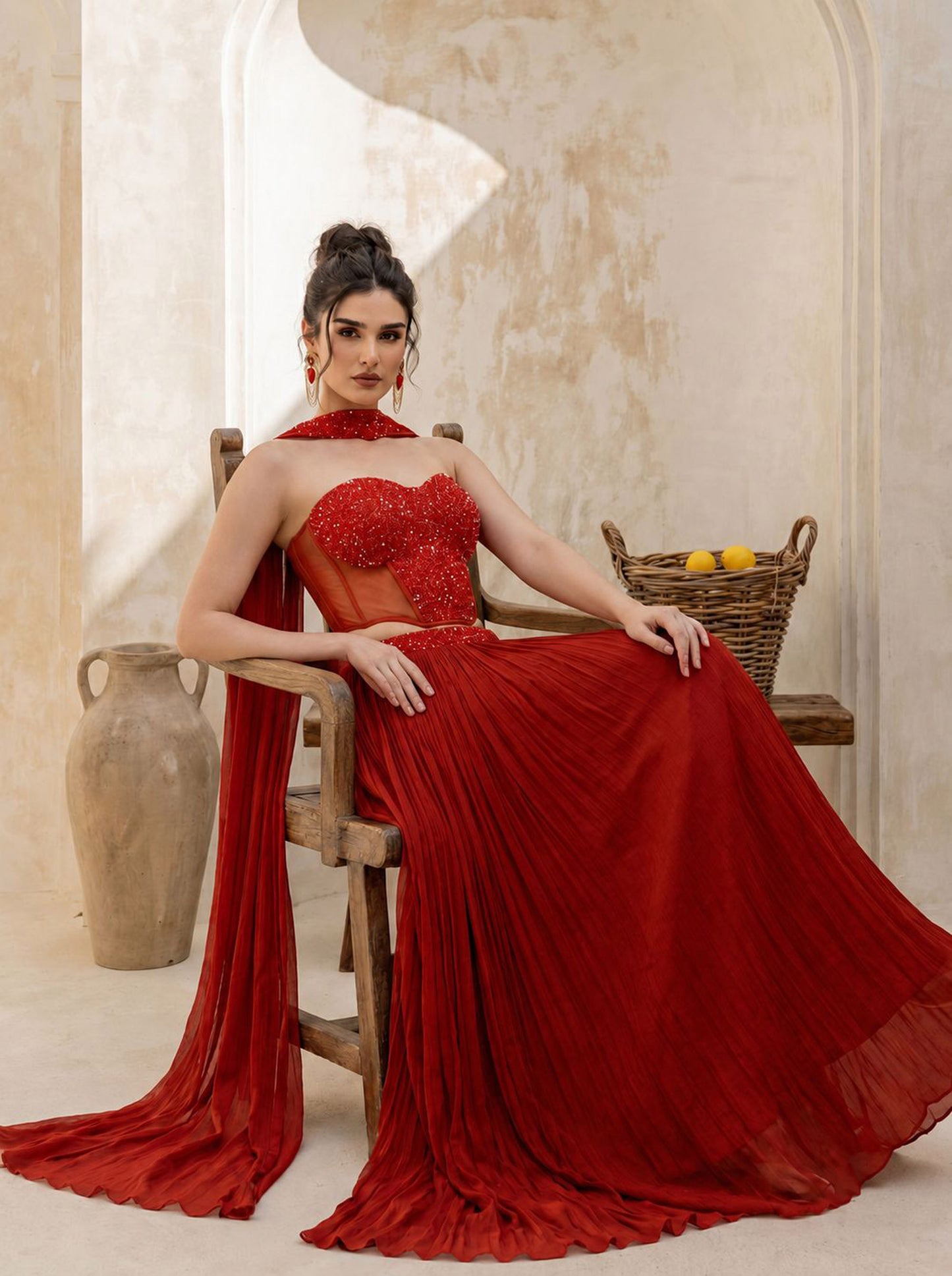 Rust Orange Corset Pure Chinnon Cutdana & Sequence Hand Work Party Wear  pleated Skirt & Dupatta