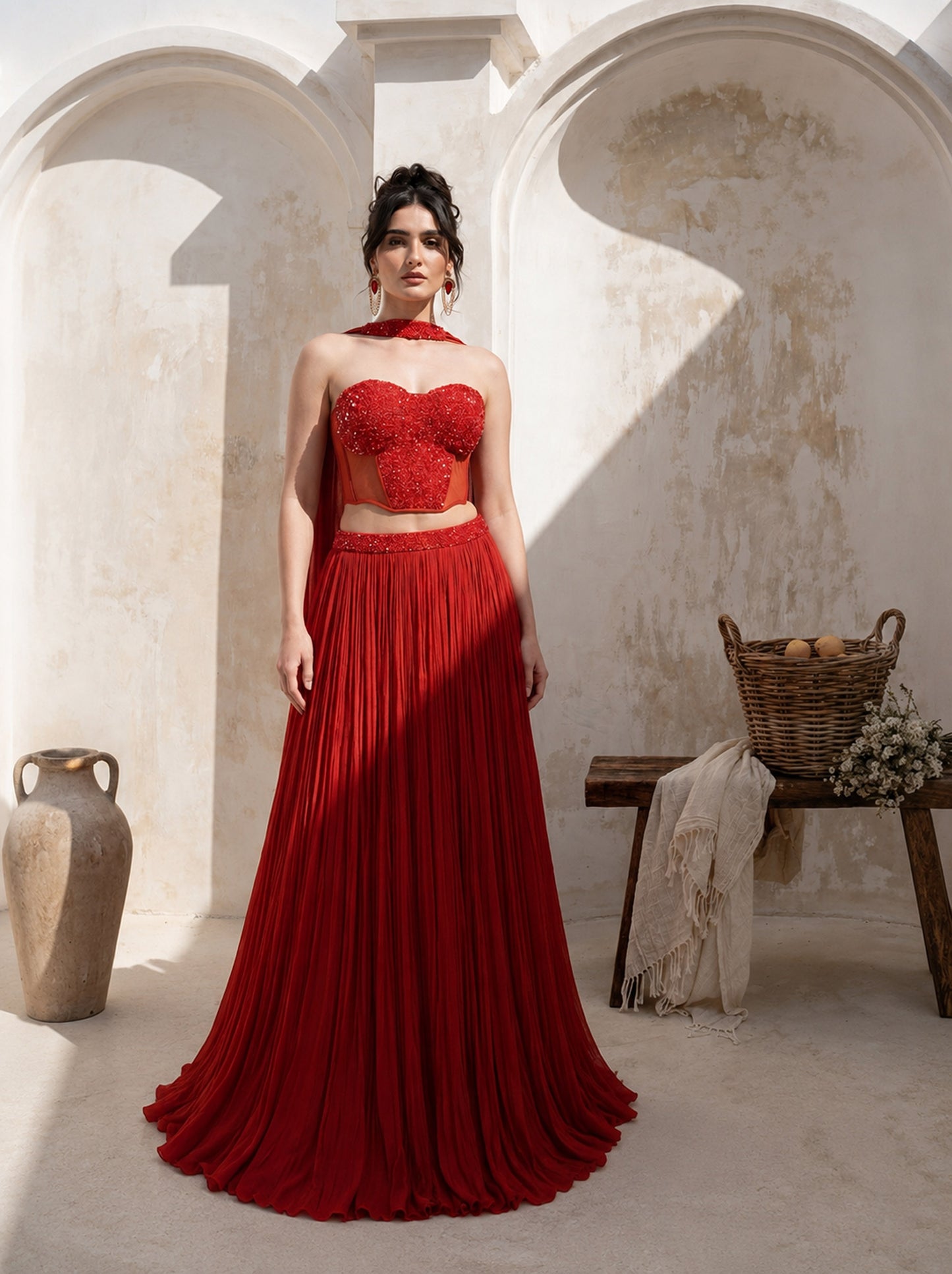 Rust Orange Corset Pure Chinnon Cutdana & Sequence Hand Work Party Wear  pleated Skirt & Dupatta