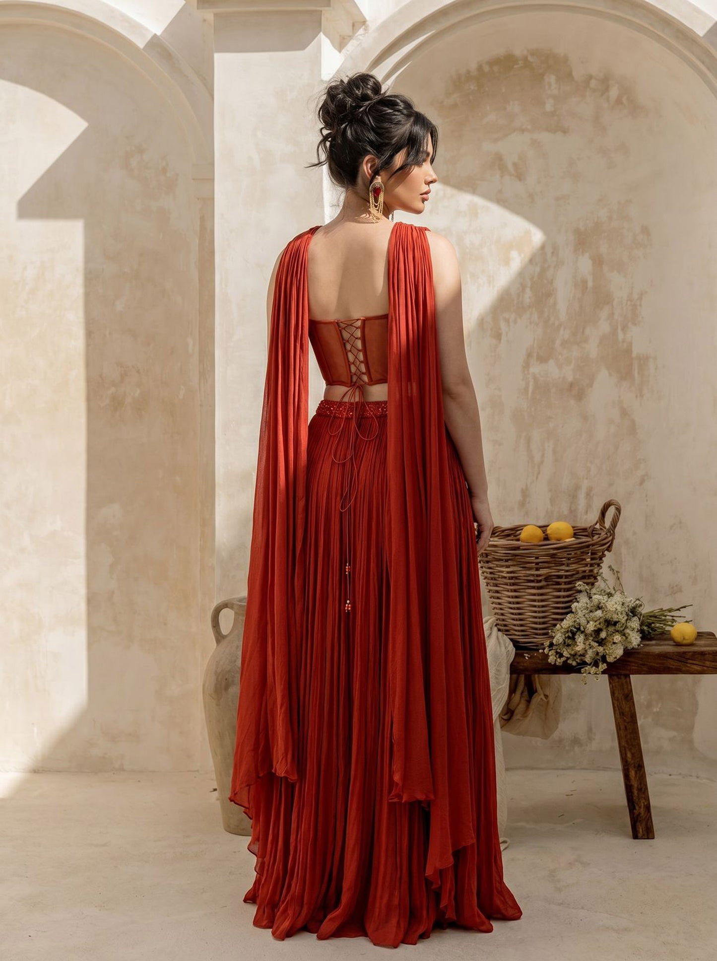 Rust Orange Corset Pure Chinnon Cutdana & Sequence Hand Work Party Wear  pleated Skirt & Dupatta