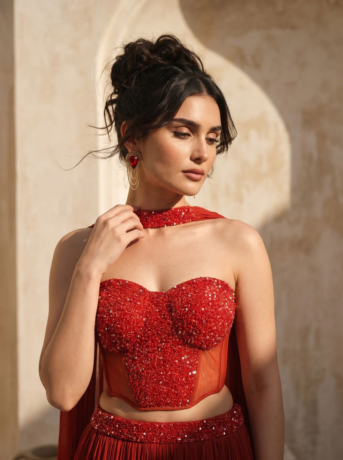 Rust Orange Corset Pure Chinnon Cutdana & Sequence Hand Work Party Wear  pleated Skirt & Dupatta
