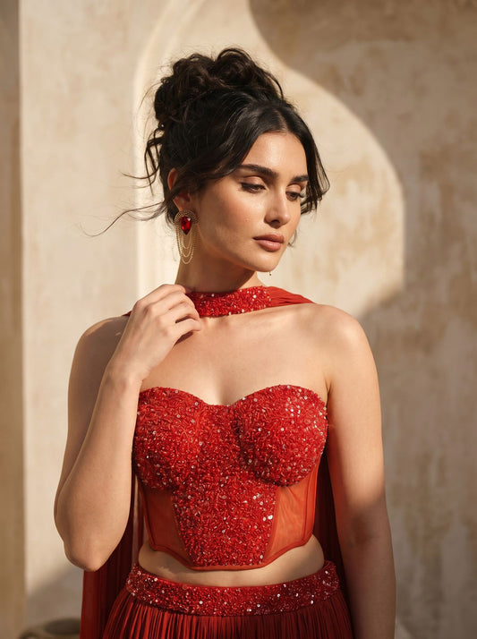 Rust Orange Corset Pure Chinnon Cutdana & Sequence Hand Work Party Wear  pleated Skirt & Dupatta