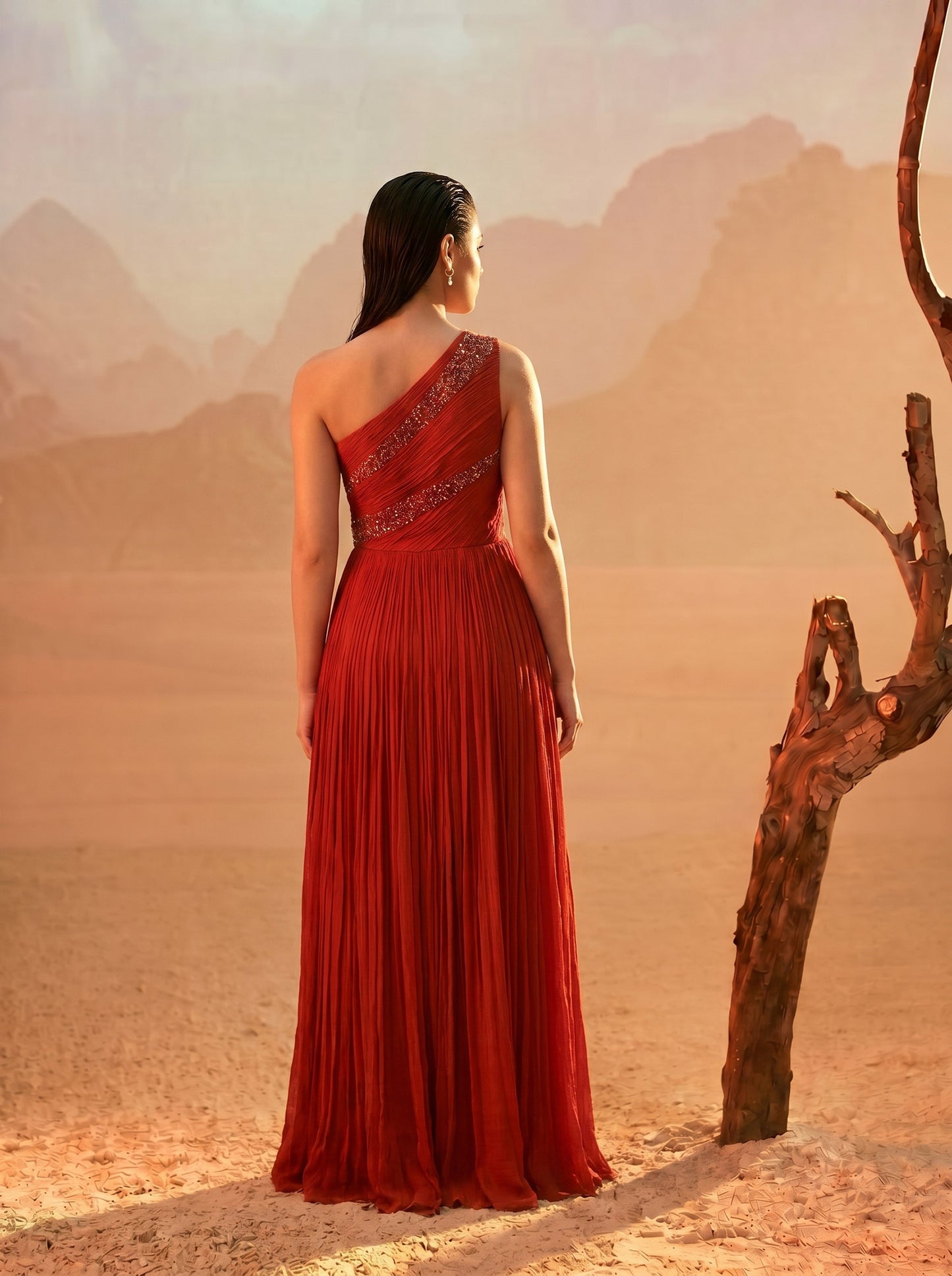 Rust Orange One-Shoulder  Pure Chinnon Party Wear  Pleated Gown