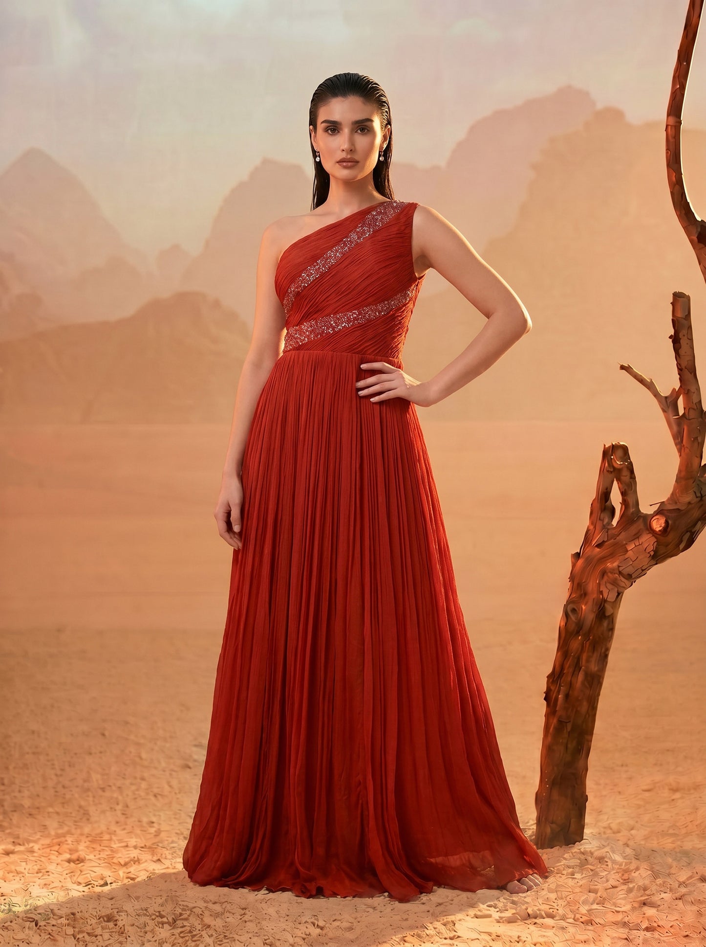 Rust Orange One-Shoulder  Pure Chinnon Party Wear  Pleated Gown