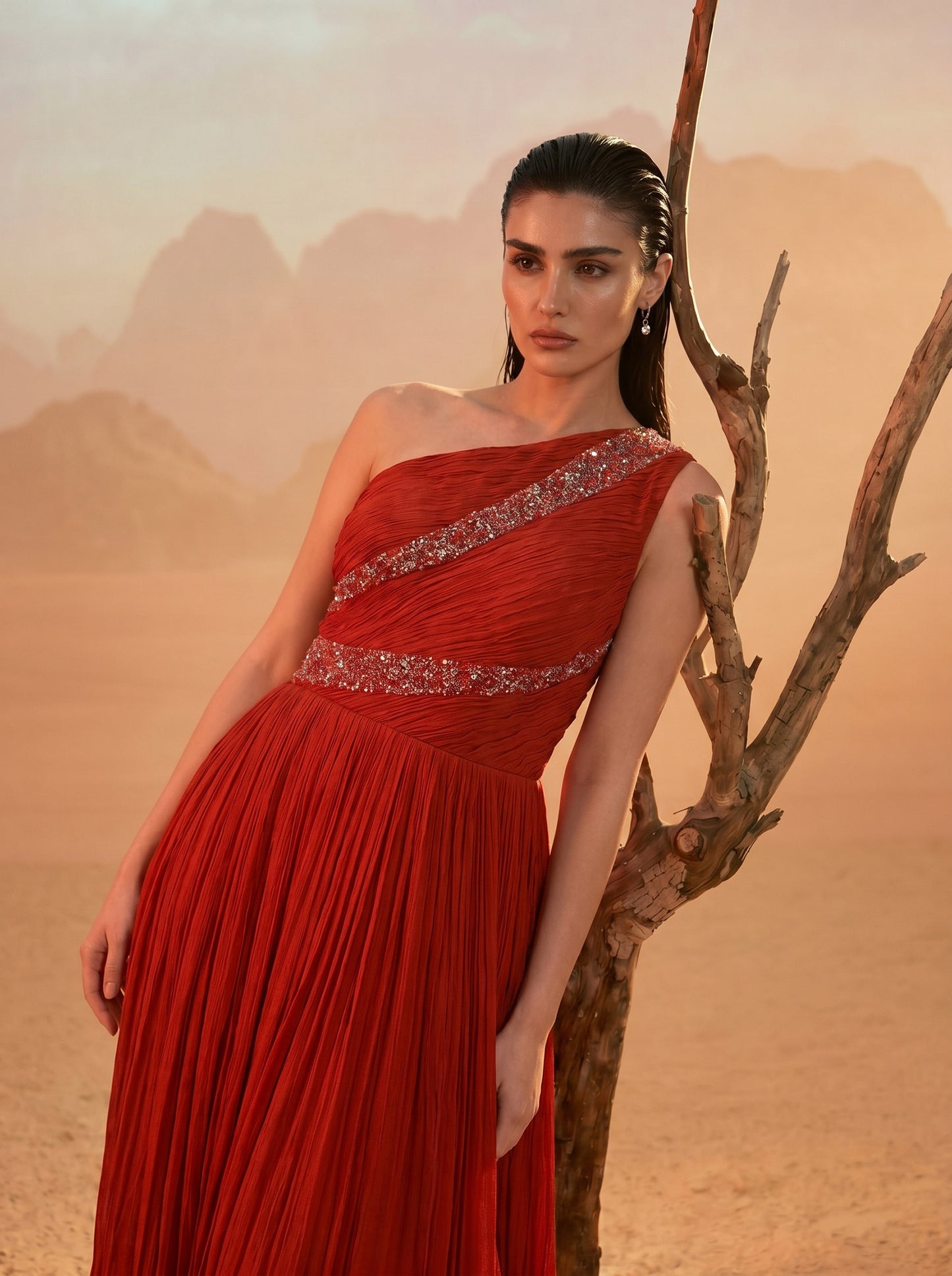 Rust Orange One-Shoulder  Pure Chinnon Party Wear  Pleated Gown