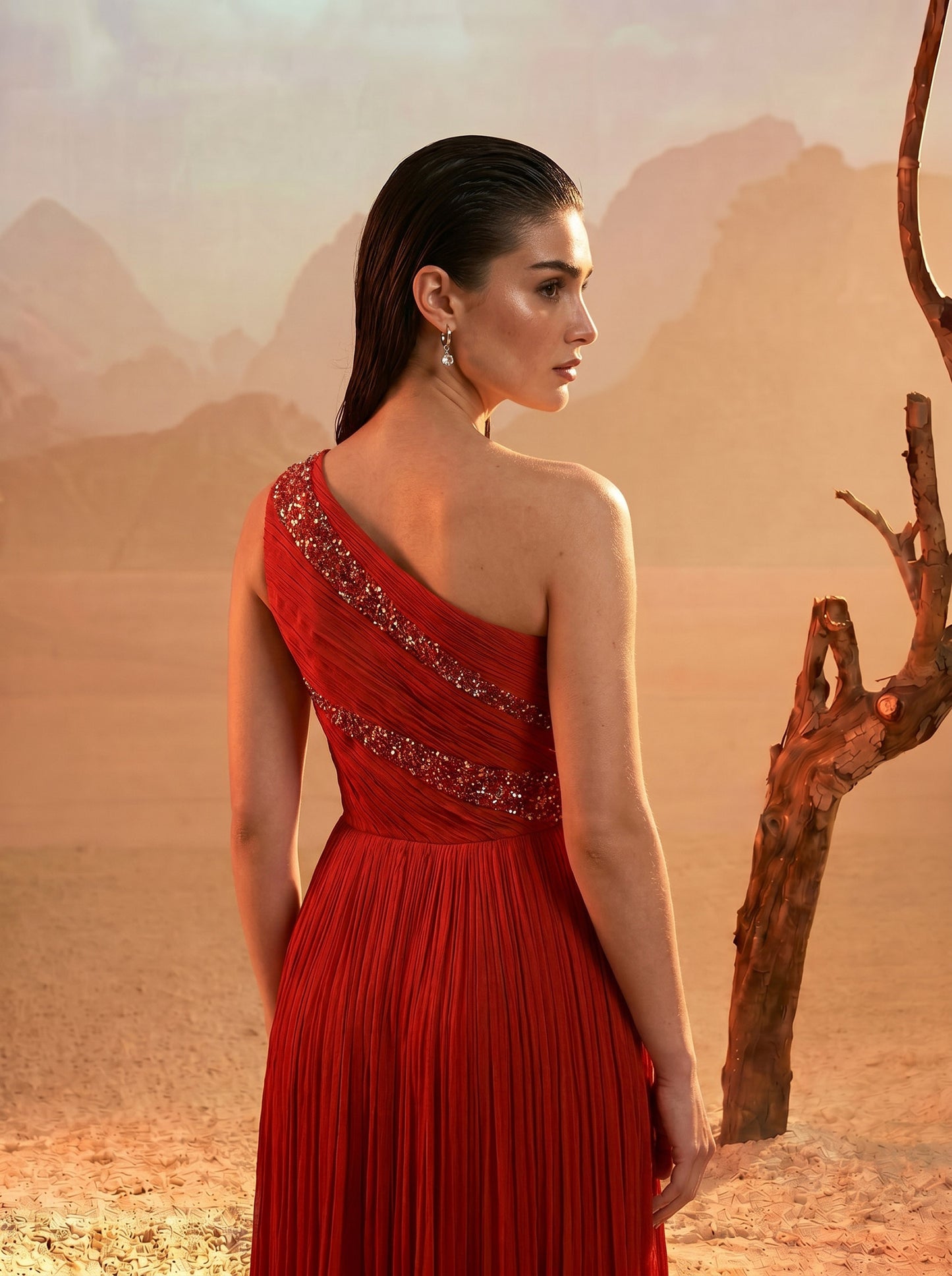 Rust Orange One-Shoulder  Pure Chinnon Party Wear  Pleated Gown