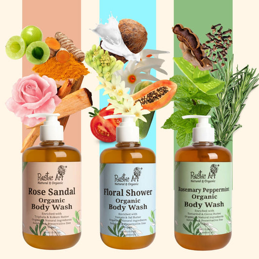 Rustic Art Organic Body Wash (Rose Sandal + Floral Shower + Rosemary Peppermint, 300 ml (Pack of 3)) with Jute Pouch Gift Pack, Rustic Art
