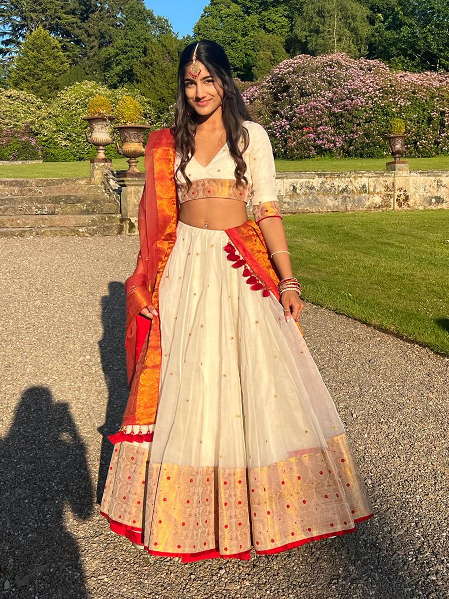 Red and White Zari Butta  Assam Hand Woven Bridesmaid Lehenga