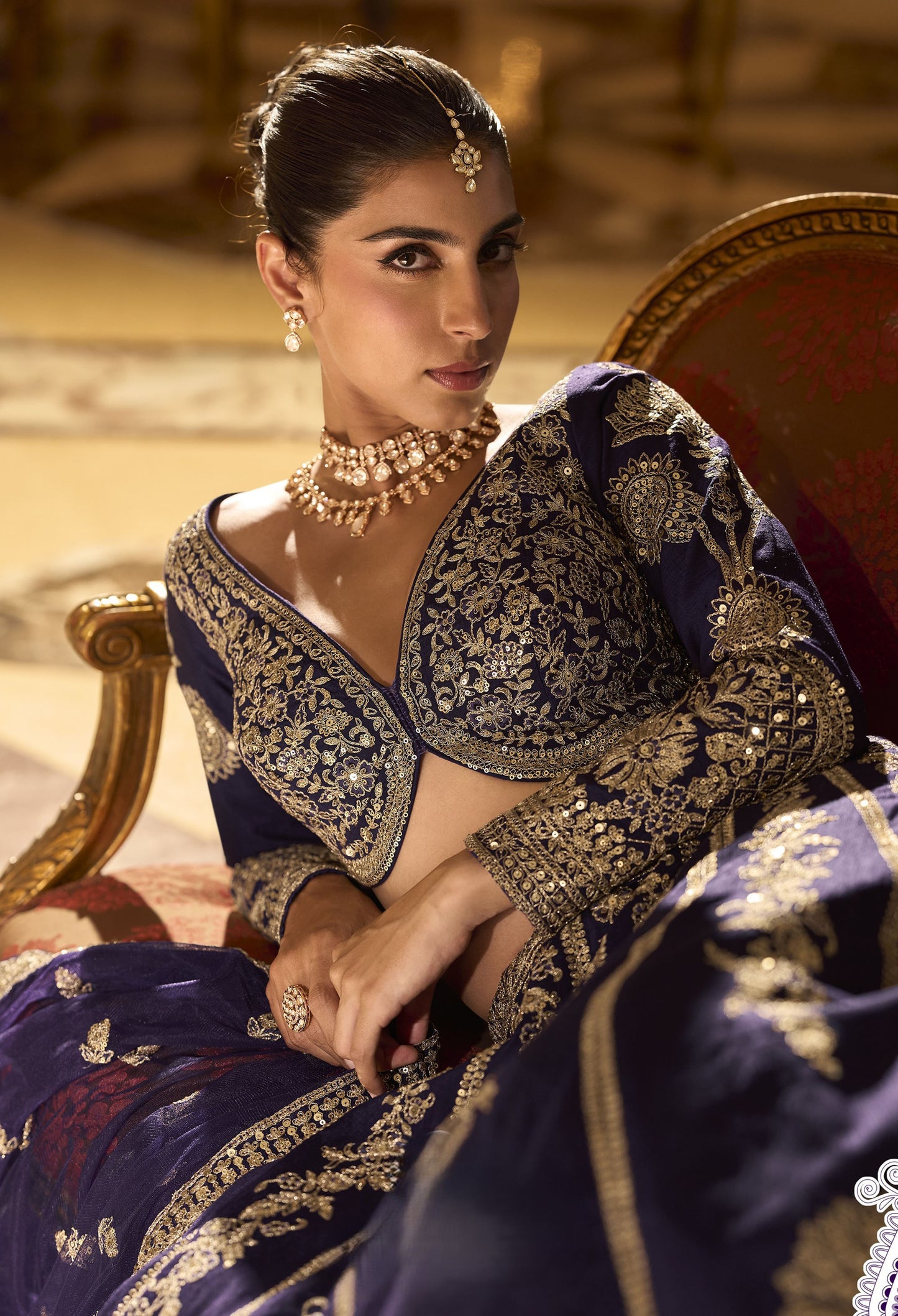 Navy Blue Silk With Zari , Sequins Work Wedding Lehenga Choli