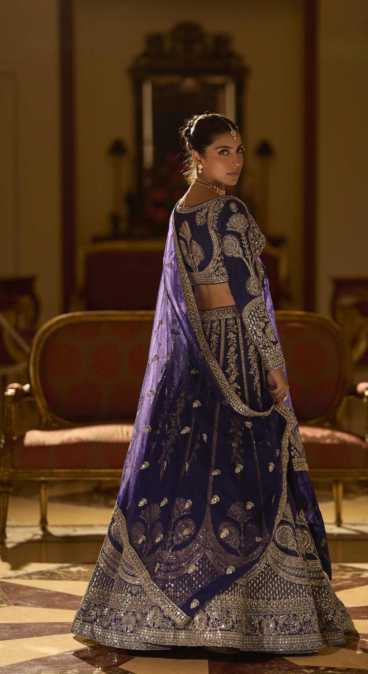 Navy Blue Silk With Zari , Sequins Work Wedding Lehenga Choli