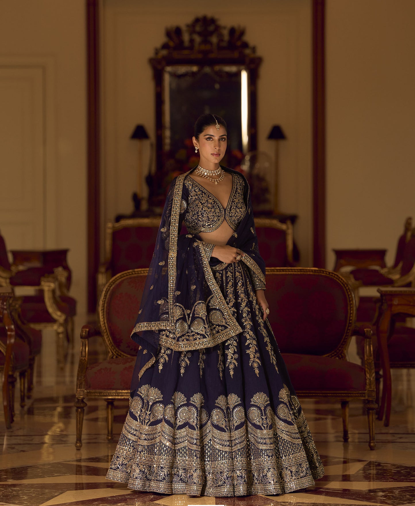 Navy Blue Silk With Zari , Sequins Work Wedding Lehenga Choli