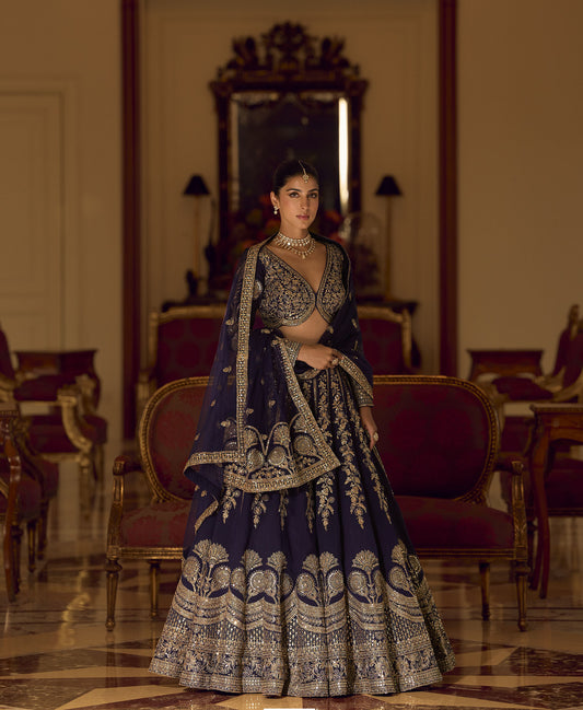 Navy Blue Silk With Zari , Sequins Work Wedding Lehenga Choli