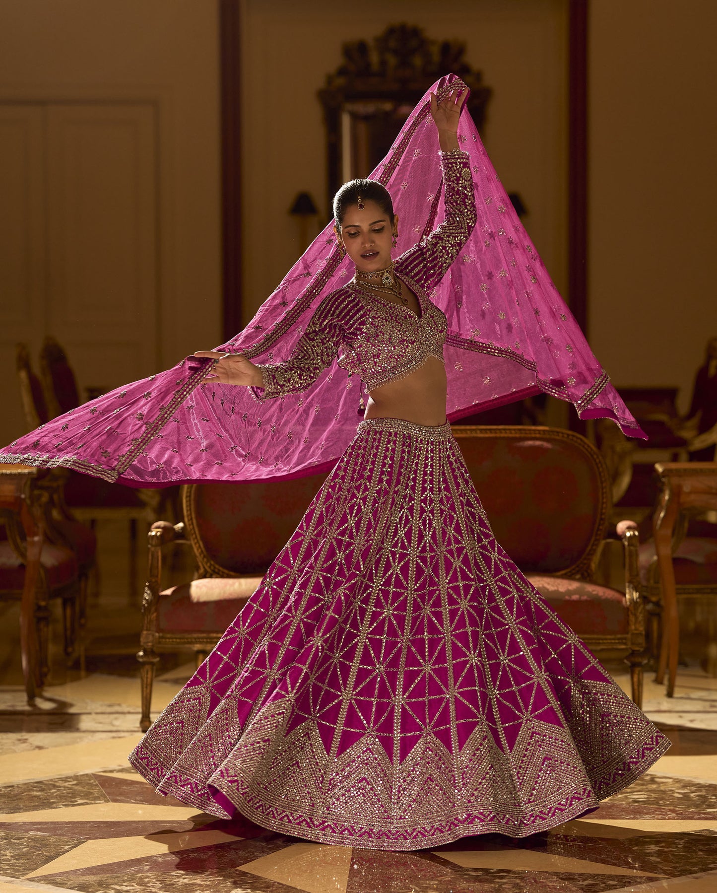 Pink Silk With Zari , Sequins Work Wedding Lehenga Choli