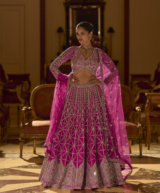 Pink Silk With Zari , Sequins Work Wedding Lehenga Choli