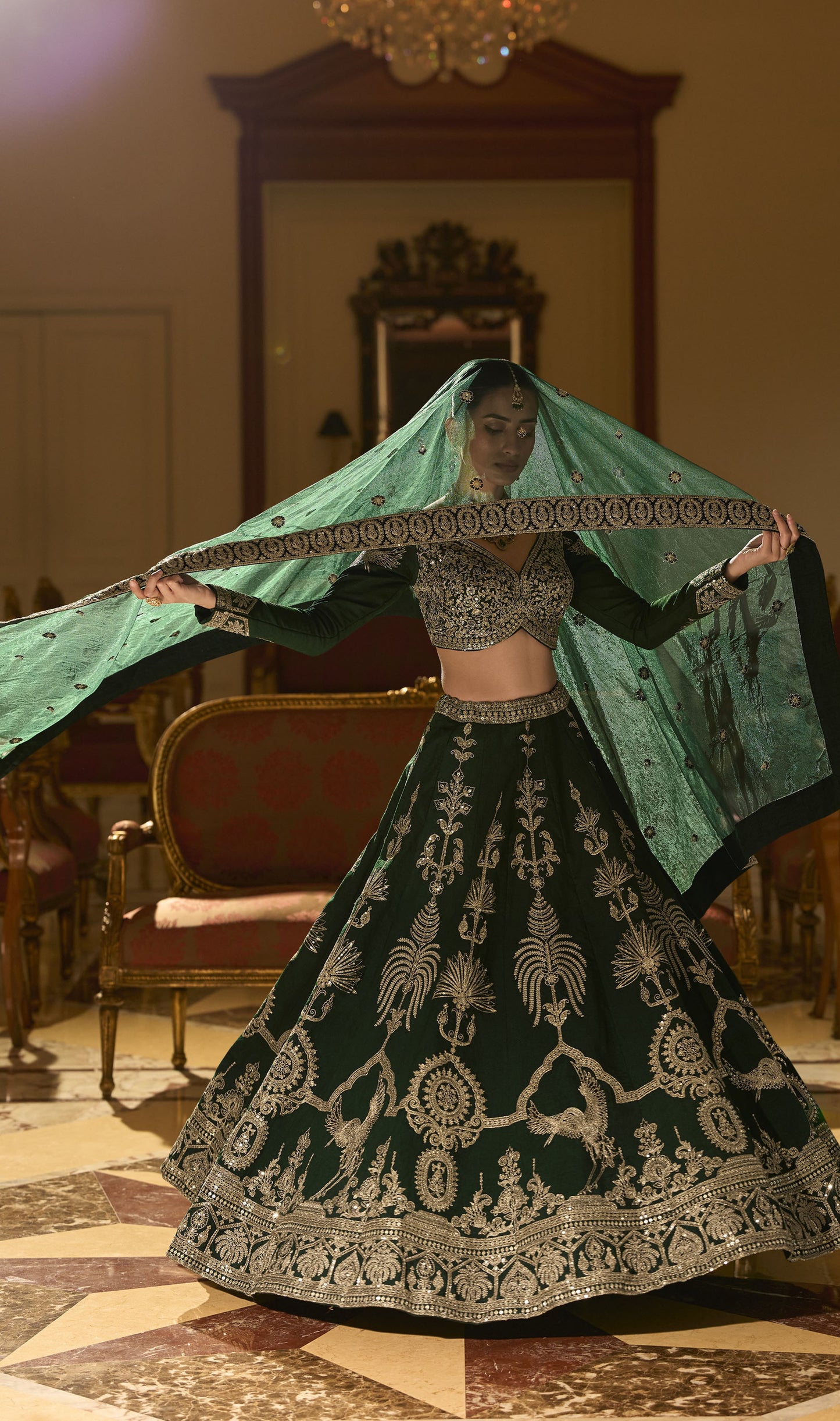 Green Silk Heavy Sequins and Zari Embroidery Mehendi Lehenga