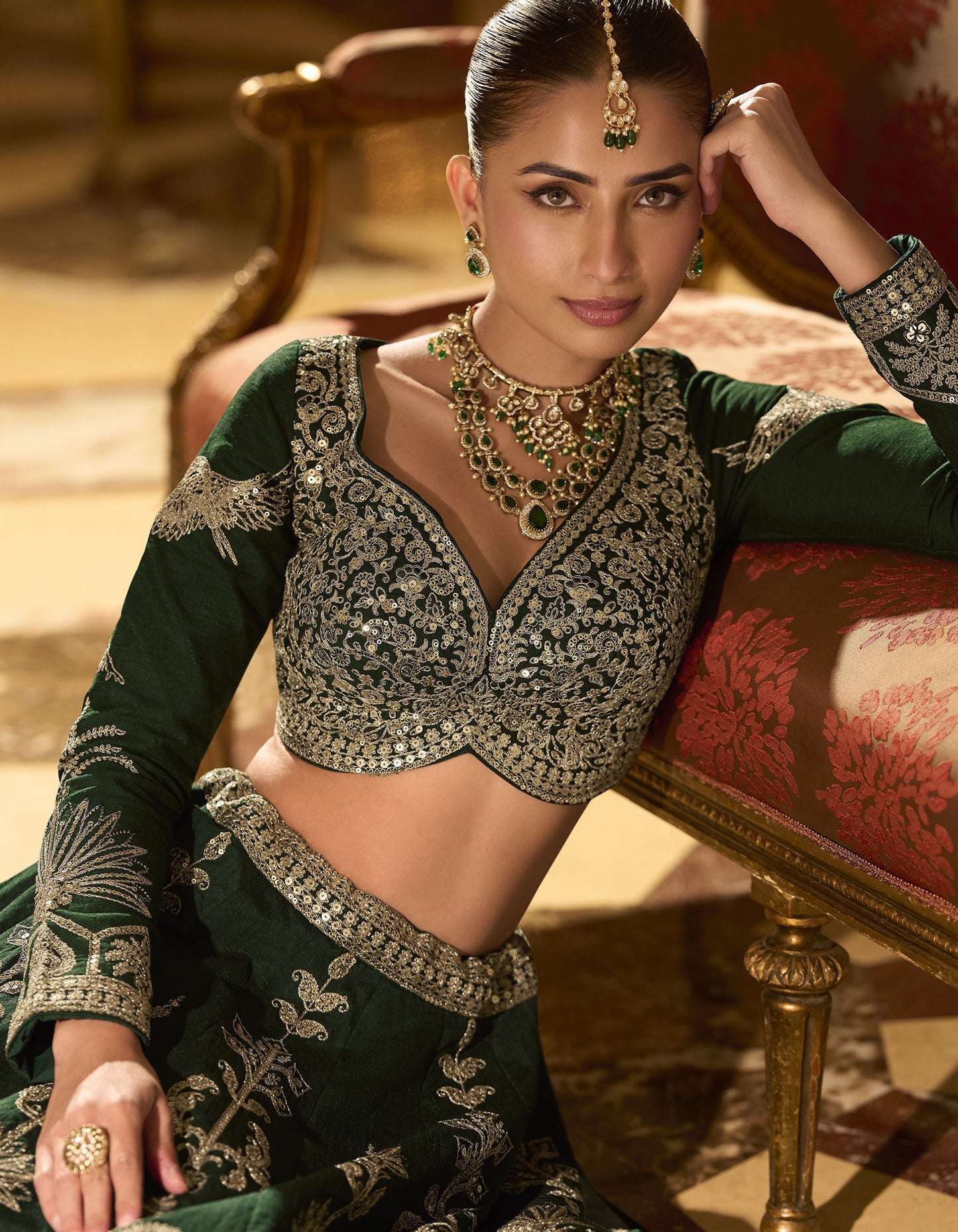 Green Silk Heavy Sequins and Zari Embroidery Mehendi Lehenga