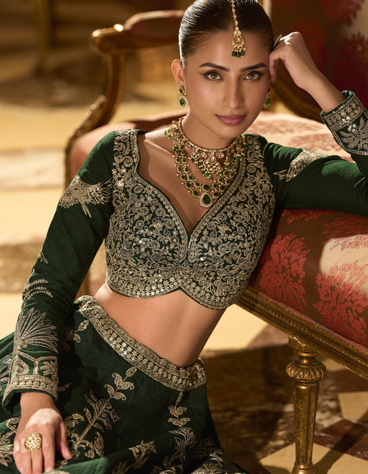 Green Silk Heavy Sequins and Zari Embroidery Mehendi Lehenga