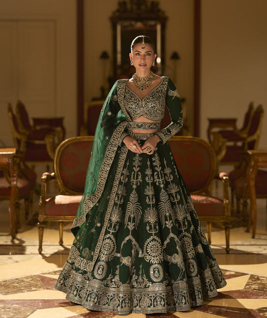 Green Silk Heavy Sequins and Zari Embroidery Mehendi Lehenga