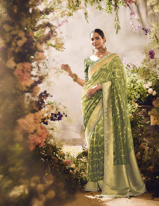 Olive Green Banarasi Zari Tissue Khwahish Wedding Saree