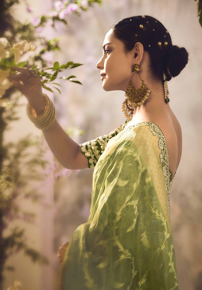 Olive Green Banarasi Zari Tissue Khwahish Wedding Saree