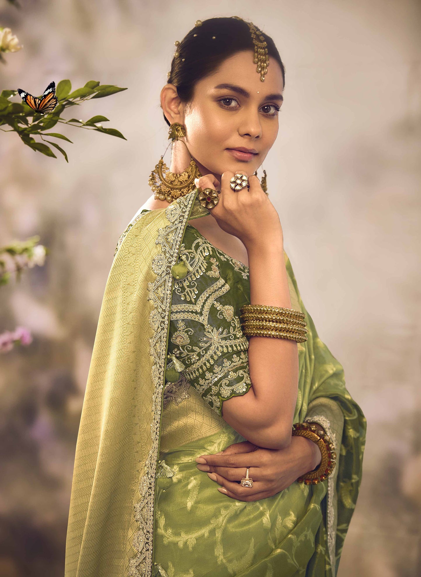 Olive Green Banarasi Zari Tissue Khwahish Wedding Saree