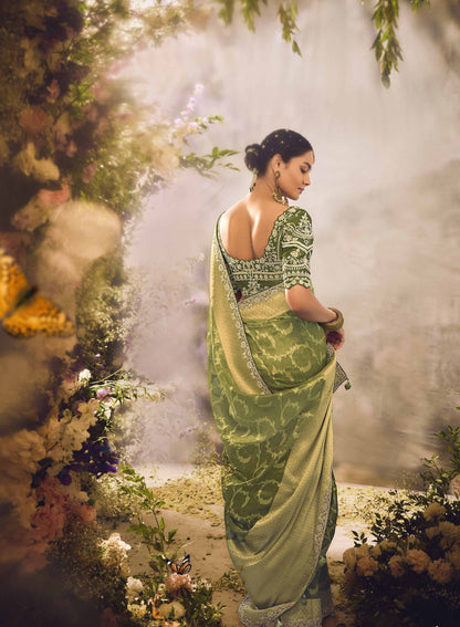Olive Green Banarasi Zari Tissue Khwahish Wedding Saree