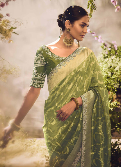 Olive Green Banarasi Zari Tissue Khwahish Wedding Saree