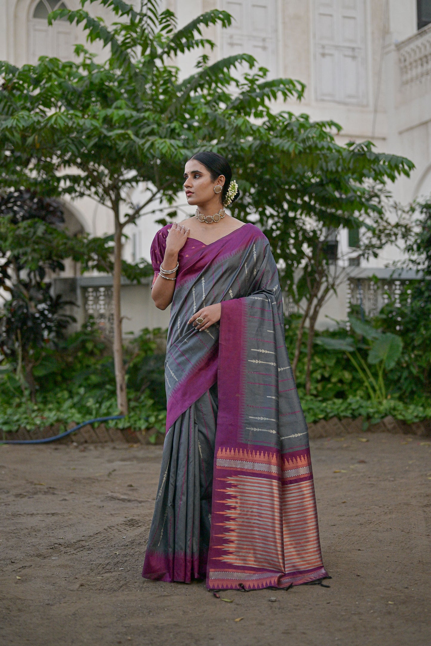Salar Ikkat Grey Raw Silk Zari woven Saree