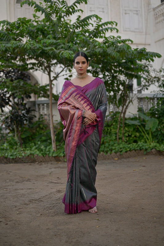Salar Ikkat Grey Raw Silk Zari woven Saree