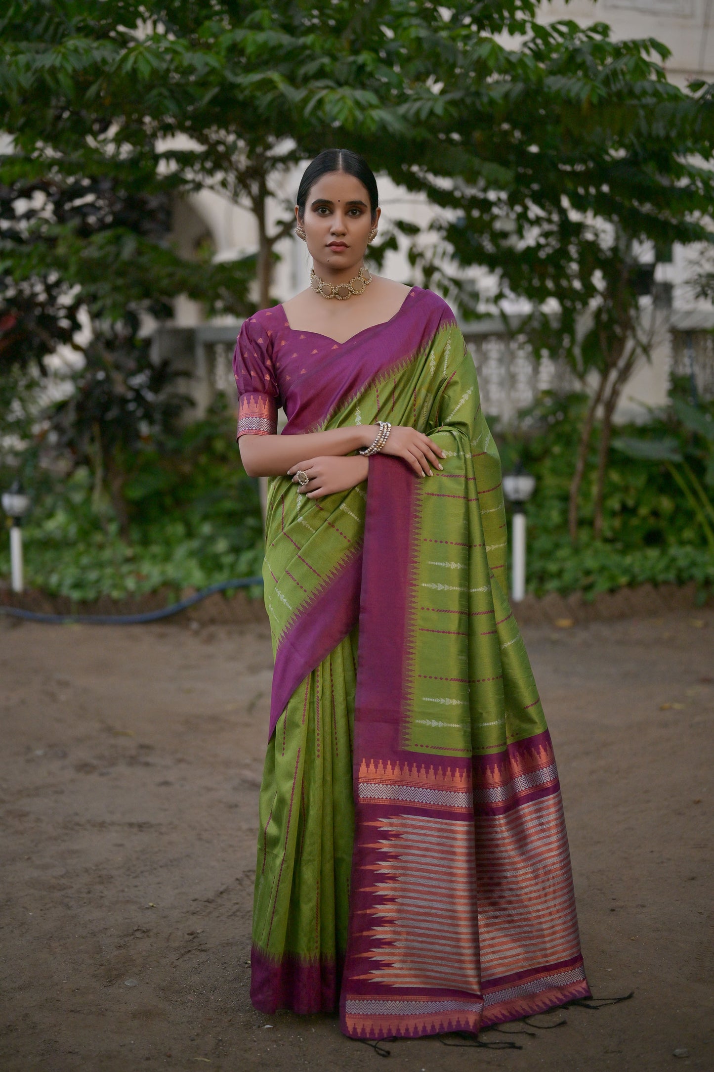Salar Ikkat Mahendi Raw Silk Zari woven Saree
