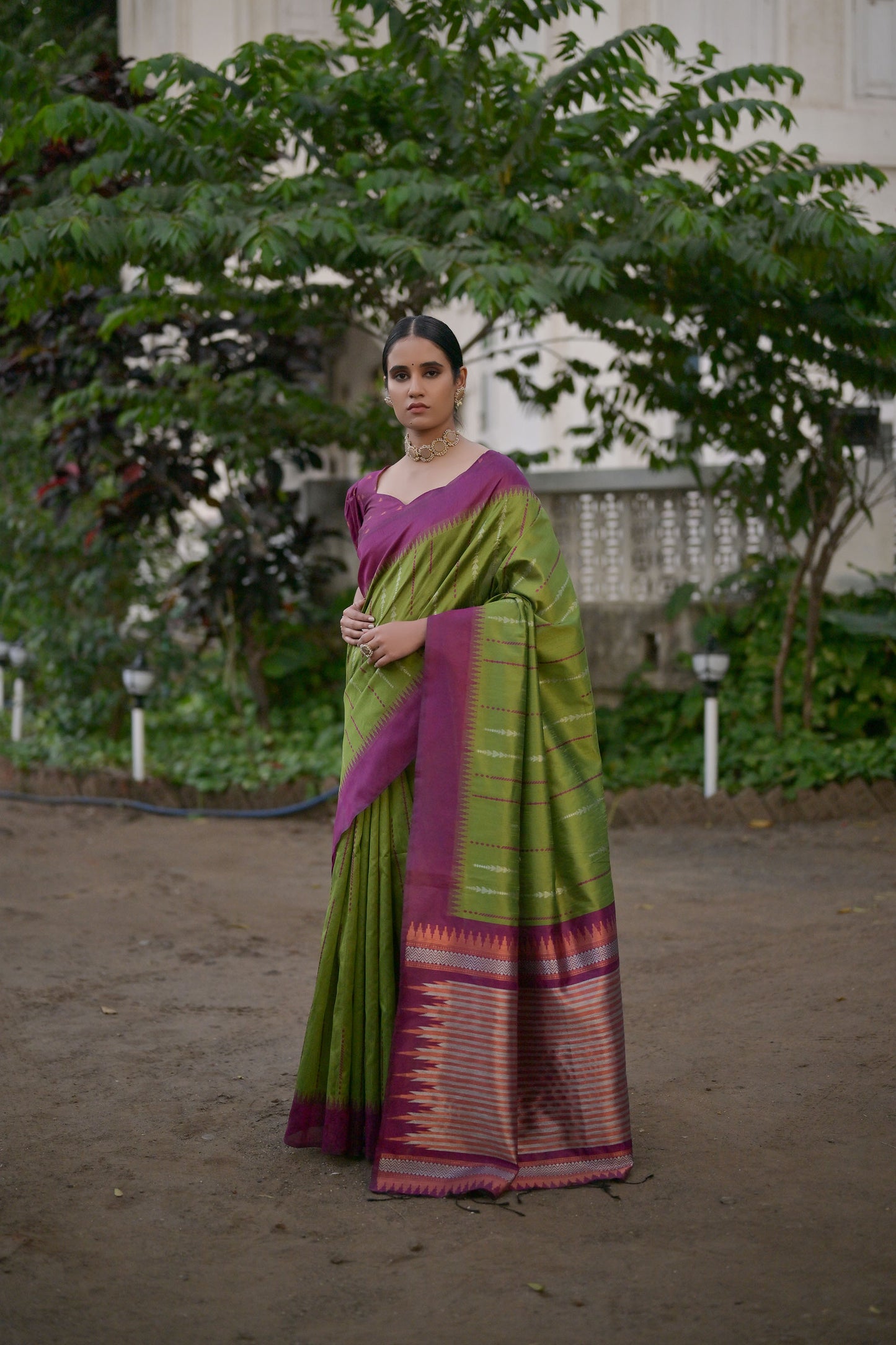 Salar Ikkat Mahendi Raw Silk Zari woven Saree