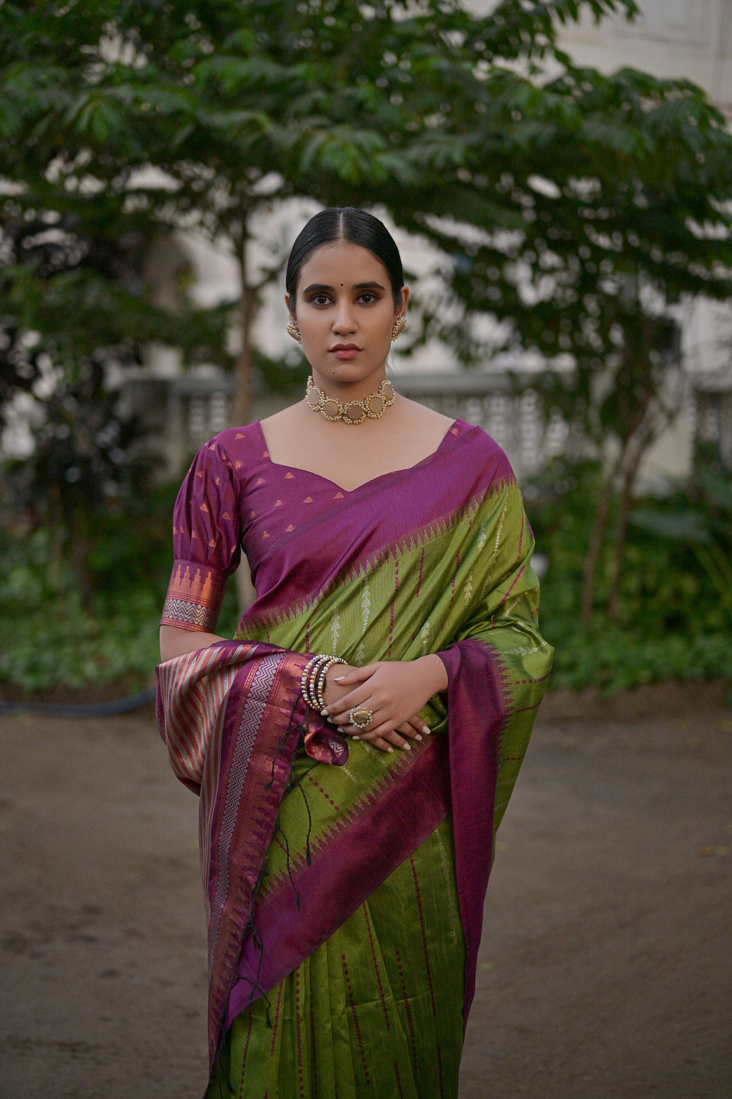 Salar Ikkat Mahendi Raw Silk Zari woven Saree