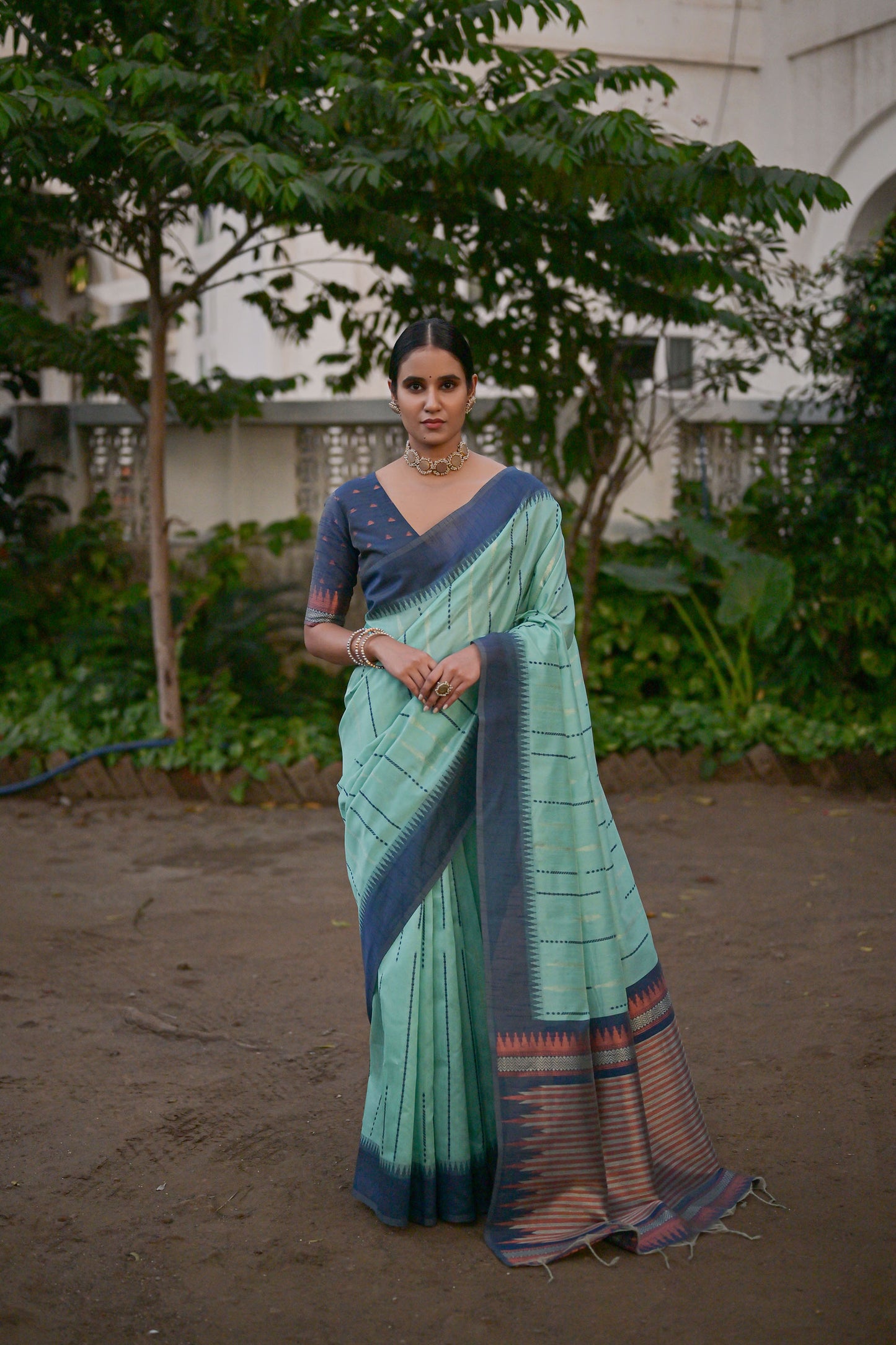 Salar Ikkat Sea Green Raw Silk Zari woven Saree